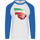 Curled Iran Flag Iranian Day Football Mens L/S Baseball T-Shirt White/Royal Blue