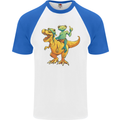 T-Rex and a Frog Dinosaur Mens S/S Baseball T-Shirt White/Royal Blue