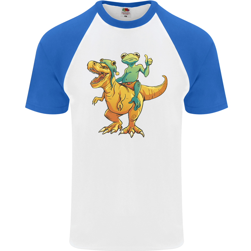 T-Rex and a Frog Dinosaur Mens S/S Baseball T-Shirt White/Royal Blue