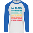 55th Birthday 55 Year Old Mens L/S Baseball T-Shirt White/Royal Blue