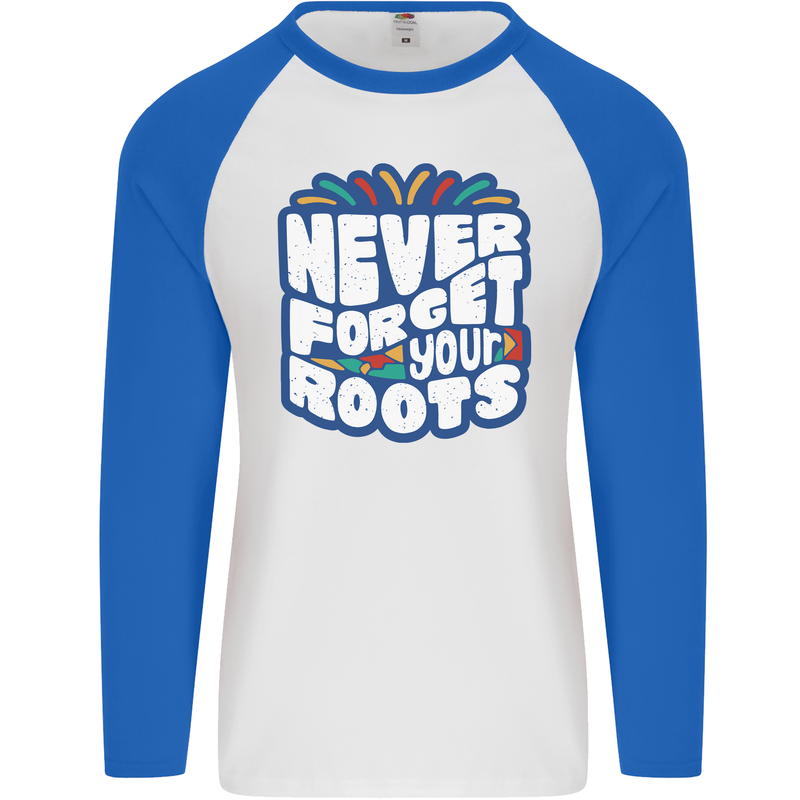 Never Forget Your Roots African Black Lives Matter Mens L/S Baseball T-Shirt White/Royal Blue