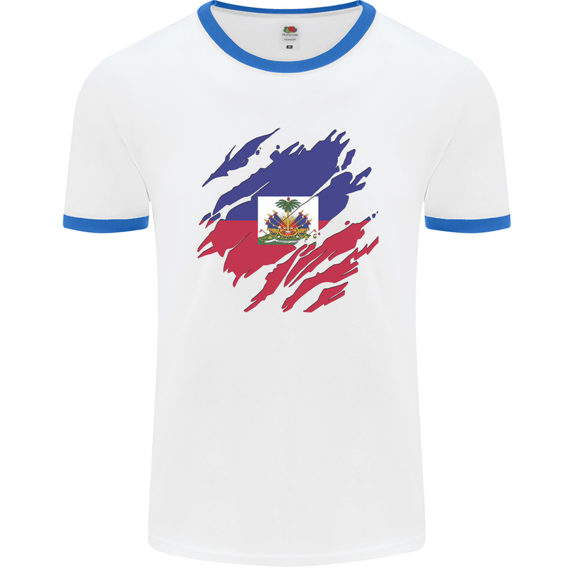 Torn Haiti Flag Haitian Day Football Mens Ringer T-Shirt White/Royal Blue