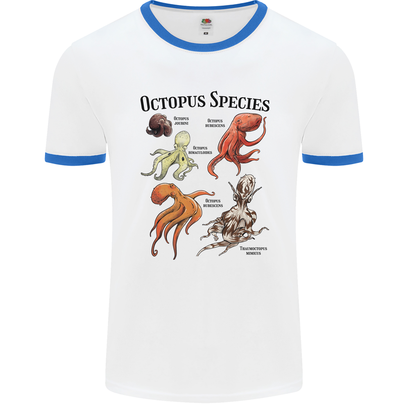 Octopus Species Sealife Scuba Diving Mens Ringer T-Shirt White/Royal Blue