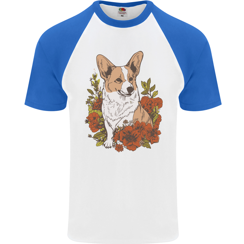 Corgi Dog With Flowers Mens S/S Baseball T-Shirt White/Royal Blue