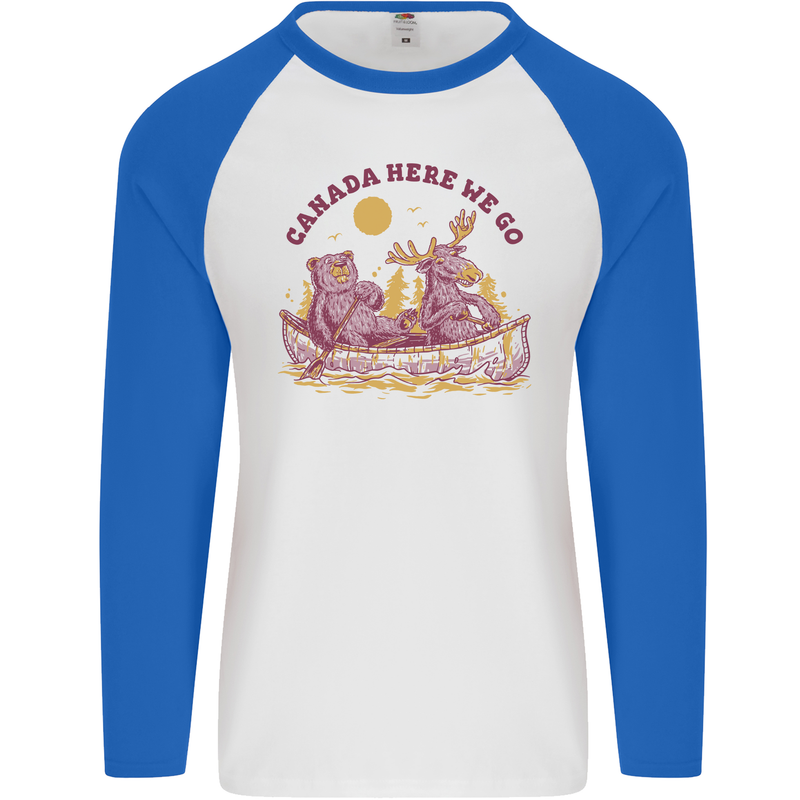 Canada Here We Go Moose and Bear Canadian Mens L/S Baseball T-Shirt White/Royal Blue