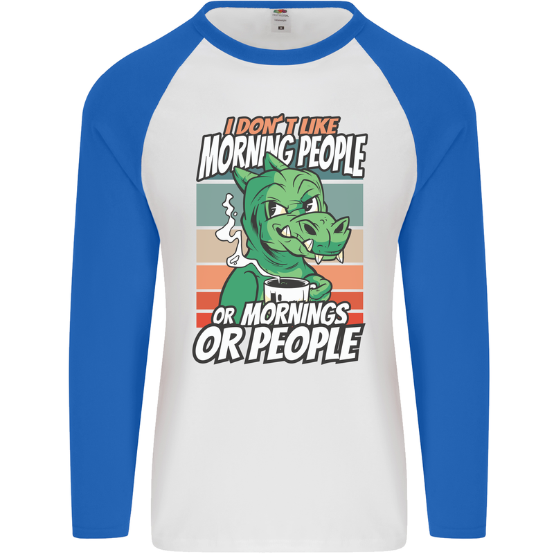 Dinosaur I Don't Like Morning People Funny Mens L/S Baseball T-Shirt White/Royal Blue