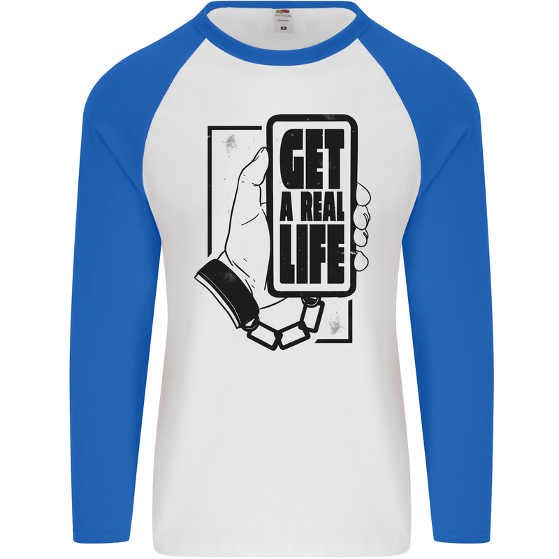 Get a Real Life Phone Addict Antisocial Mens L/S Baseball T-Shirt White/Royal Blue