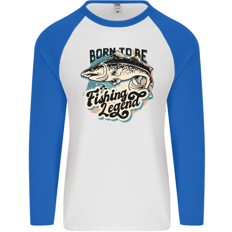 Born to Be a Fishing Legend Fisherman Mens L/S Baseball T-Shirt White/Royal Blue