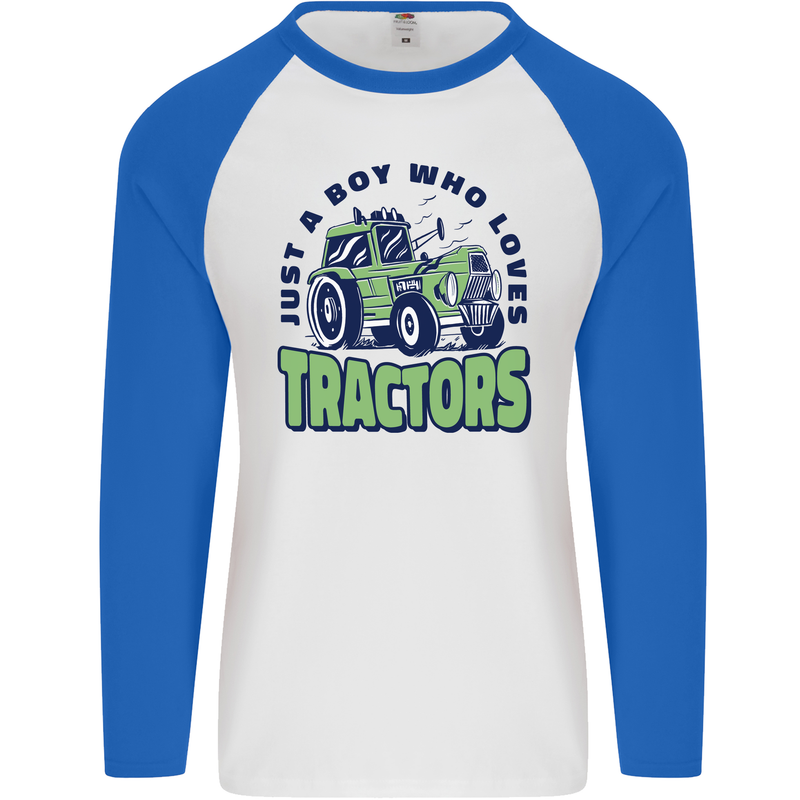 Just a Boy Who Loves Tractors Farmer Mens L/S Baseball T-Shirt White/Royal Blue
