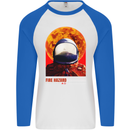 Fire Hazard Too Hot to Handle Astronaut Space Mens L/S Baseball T-Shirt White/Royal Blue