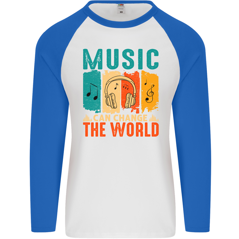 Music Can Change the World Mens L/S Baseball T-Shirt White/Royal Blue