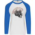 Gasoline Soul Biker Skull Motorbike Chopper Mens L/S Baseball T-Shirt White/Royal Blue