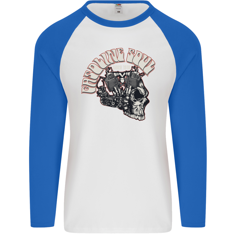 Gasoline Soul Biker Skull Motorbike Chopper Mens L/S Baseball T-Shirt White/Royal Blue