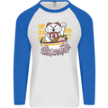 Ramen Lucky Cat Mens L/S Baseball T-Shirt White/Royal Blue