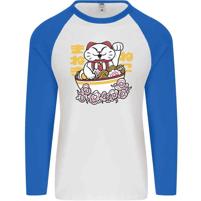 Ramen Lucky Cat Mens L/S Baseball T-Shirt White/Royal Blue