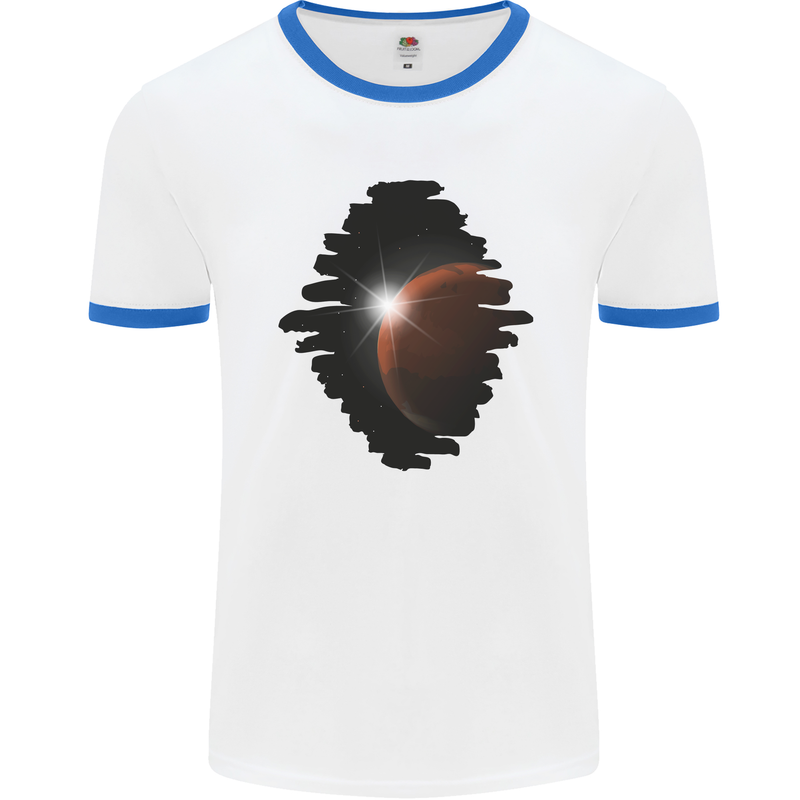 Space Planet Sun Flare Universe Mens Ringer T-Shirt White/Royal Blue
