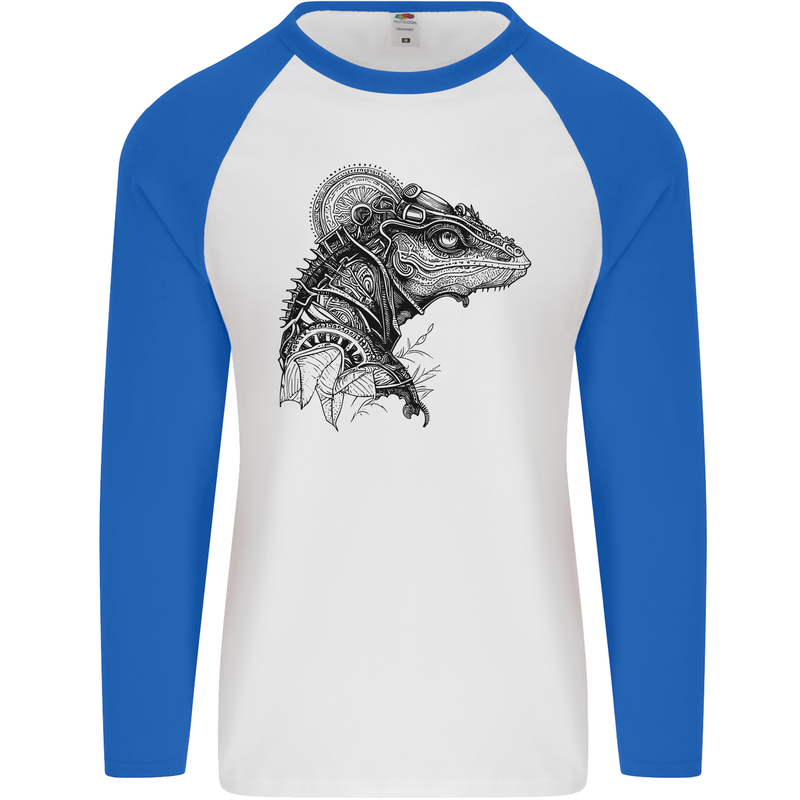 A Steampunk Iguana Lizard Reptiles Mens L/S Baseball T-Shirt White/Royal Blue