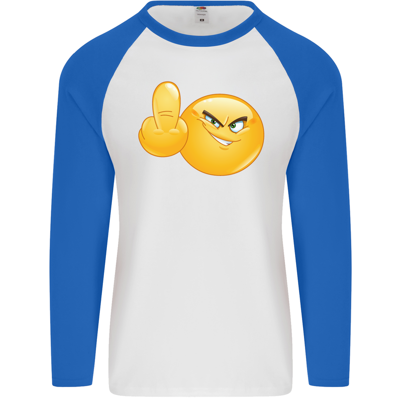 Emoji Middle Finger Flip Funny Offensive Mens L/S Baseball T-Shirt White/Royal Blue