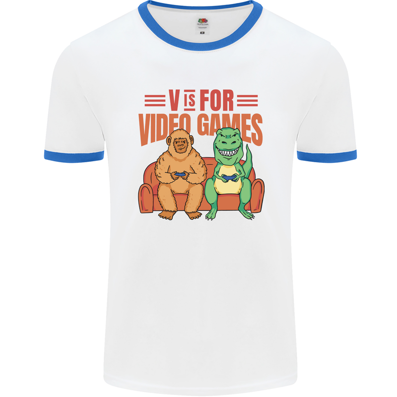 Video Games T-Rex Funny Bigfoot Dinosaur Mens Ringer T-Shirt White/Royal Blue