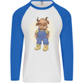 An Infant Highland Cow Cattle Bull Mens L/S Baseball T-Shirt White/Royal Blue