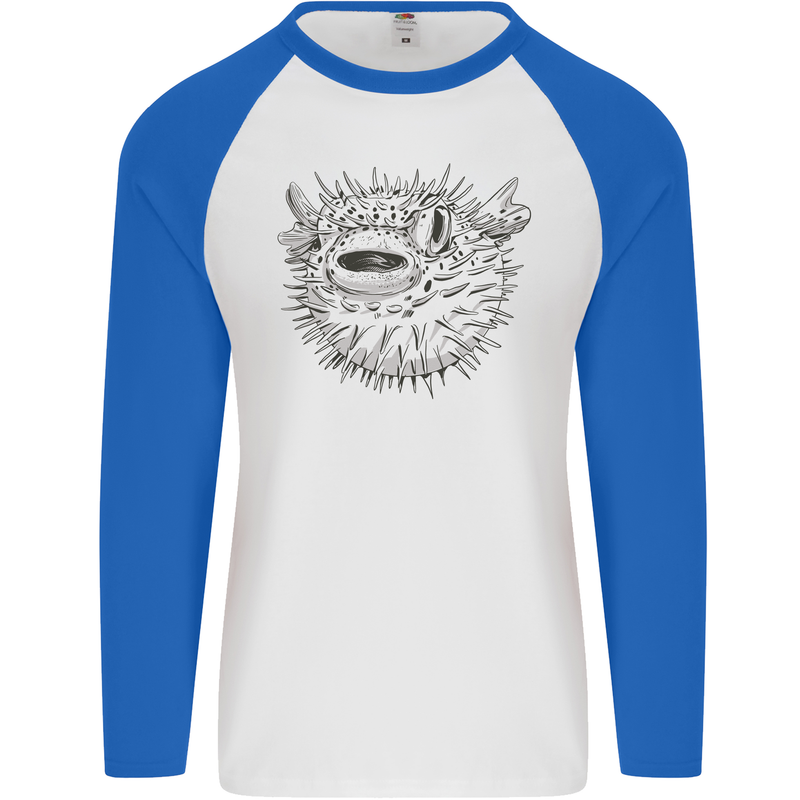 A Pufferfish Puffer Illustration Mens L/S Baseball T-Shirt White/Royal Blue