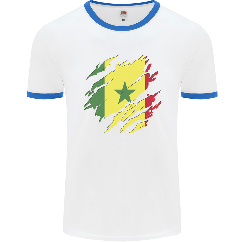 Torn Senegal Flag Senegalese Day Football Mens Ringer T-Shirt White/Royal Blue