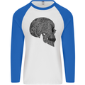 Mandala Skull Gothic Biker Motorbike Mens L/S Baseball T-Shirt White/Royal Blue