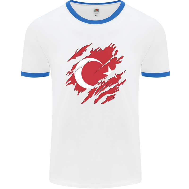 Torn Turkey Flag Turkish Day Football Mens Ringer T-Shirt White/Royal Blue