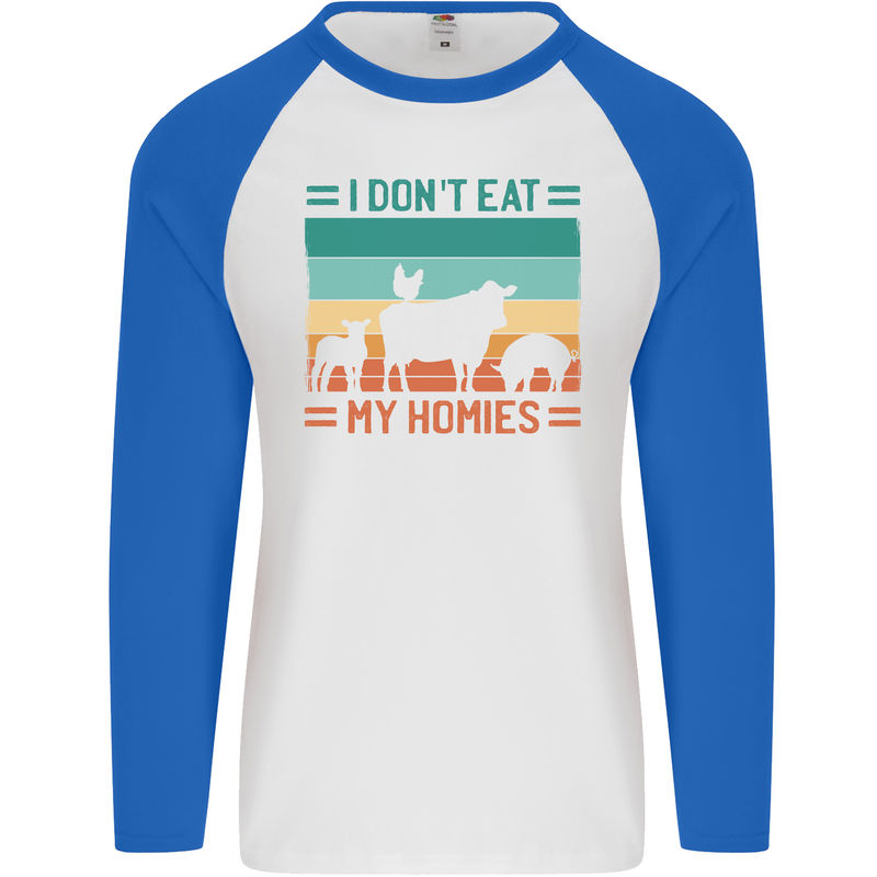 I Don't Eat My Homies Funny Vegan Vegetarian Mens L/S Baseball T-Shirt White/Royal Blue