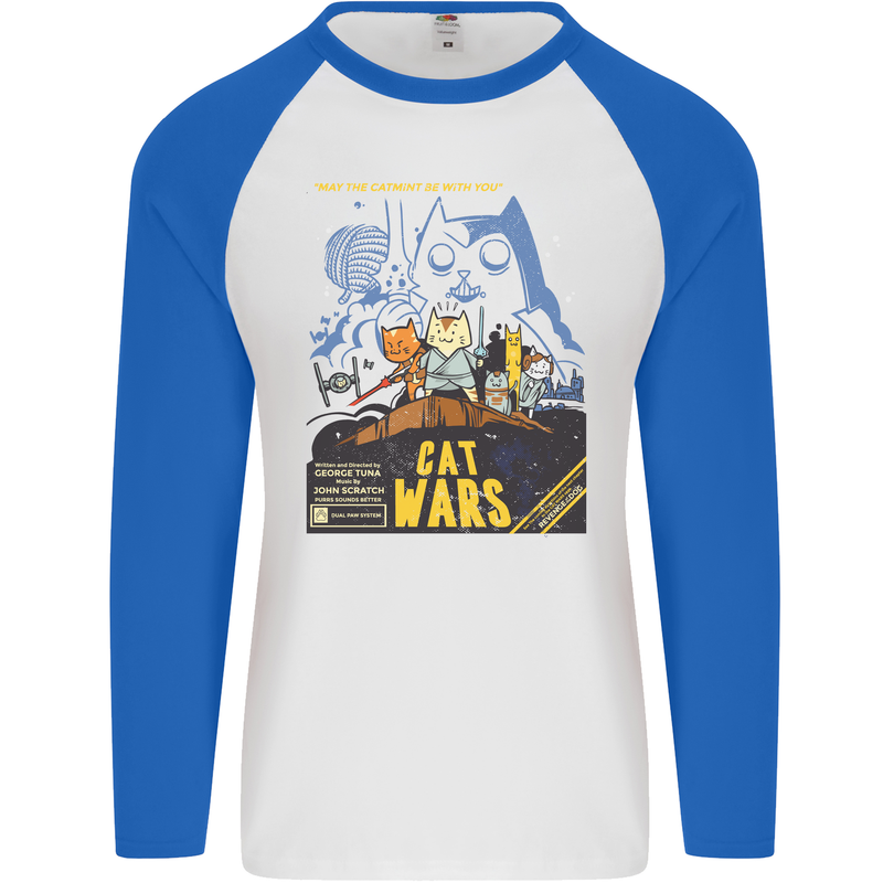 Cat Wars Funny Sci-Fi Mens L/S Baseball T-Shirt White/Royal Blue