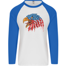 American Eagle USA Flag July 4th Mens L/S Baseball T-Shirt White/Royal Blue