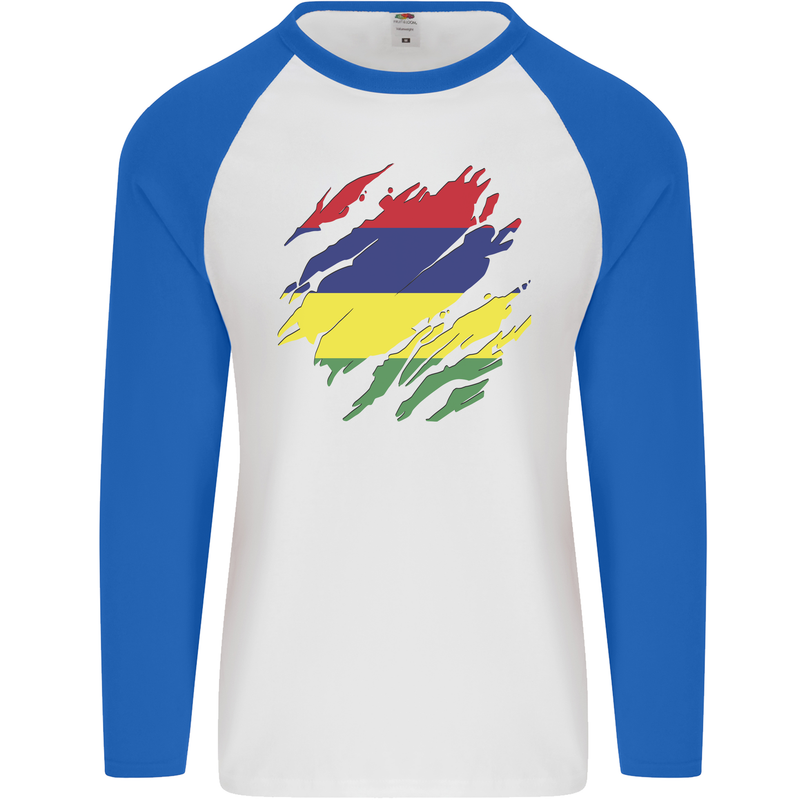 Torn Mauritius Flag Mauritians Day Football Mens L/S Baseball T-Shirt White/Royal Blue