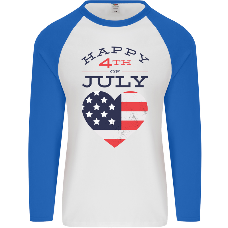 Independence Day Happy 4th of July Mens L/S Baseball T-Shirt White/Royal Blue