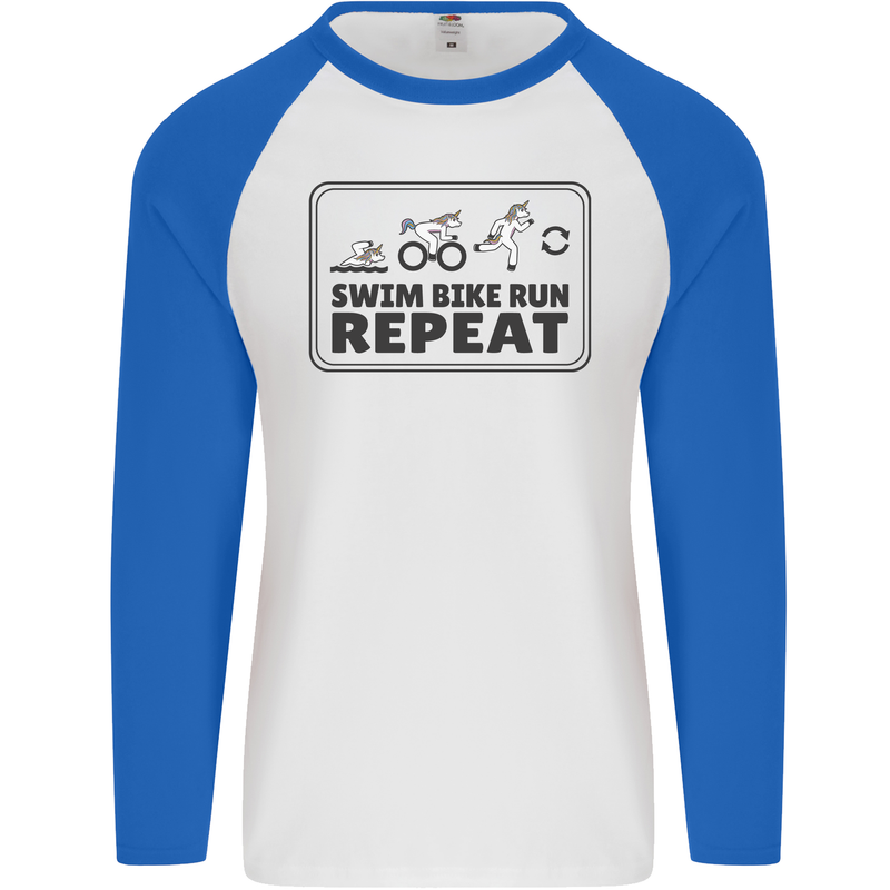 Unicorn Triathlon Running Swimming Cycling Mens L/S Baseball T-Shirt White/Royal Blue