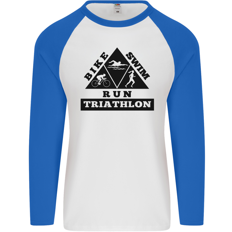 Triathlon Triangle Running Swimming Cycling Mens L/S Baseball T-Shirt White/Royal Blue