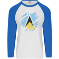 Torn Saint Lucia Flag Lucian Day Football Mens L/S Baseball T-Shirt White/Royal Blue