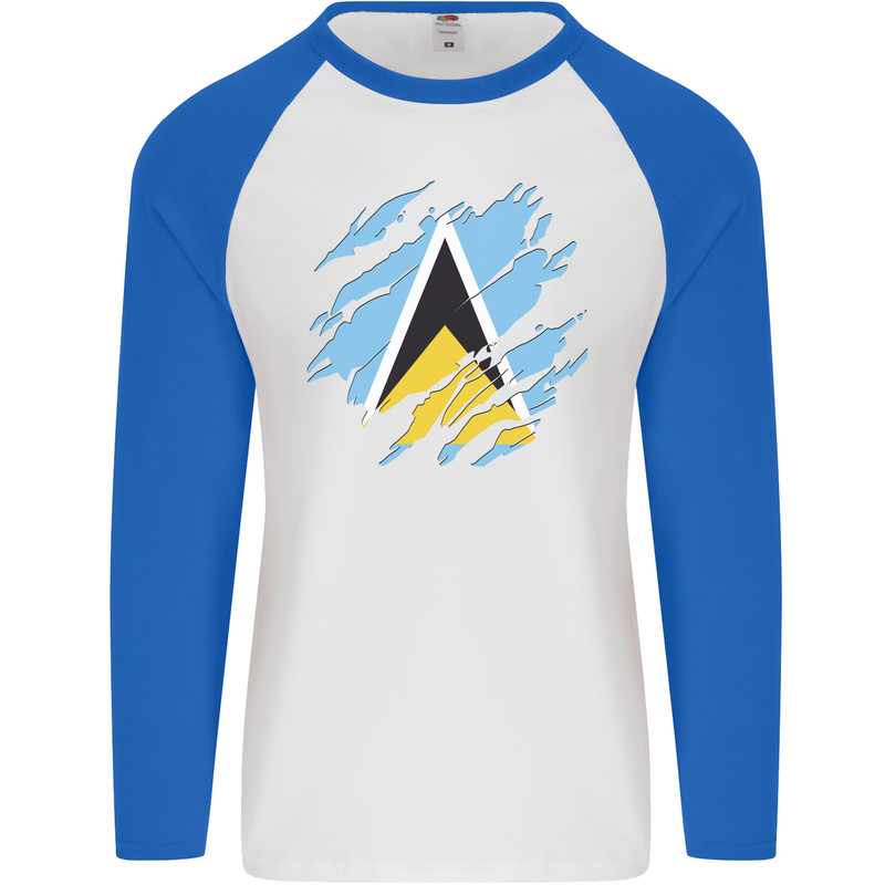 Torn Saint Lucia Flag Lucian Day Football Mens L/S Baseball T-Shirt White/Royal Blue