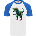 Colourful T-Rex Dinosaur Mens S/S Baseball T-Shirt White/Royal Blue