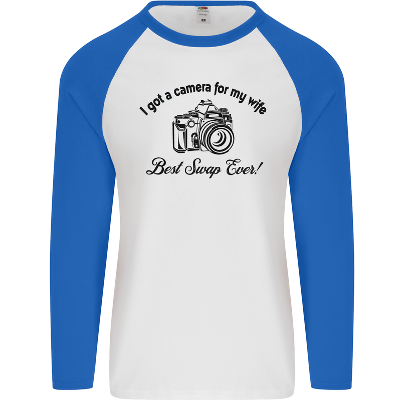 Camera for My Wife Photographer Photography Mens L/S Baseball T-Shirt White/Royal Blue