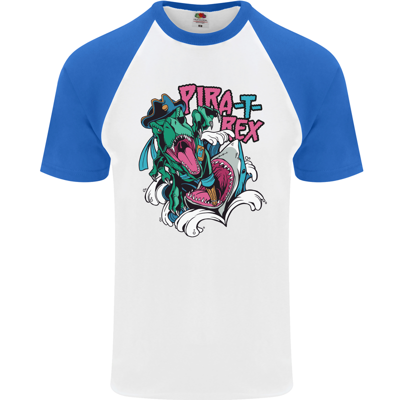 Pirate T-Rex Funny Dinosaur Mens S/S Baseball T-Shirt White/Royal Blue