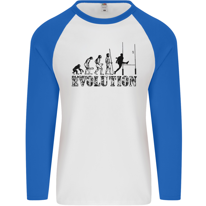Evolution of Rugby Player Union Funny Mens L/S Baseball T-Shirt White/Royal Blue