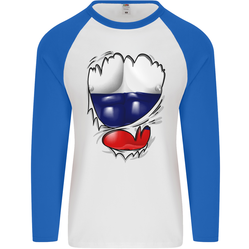 Gym Russian Flag Ripped Muscles Russia Mens L/S Baseball T-Shirt White/Royal Blue