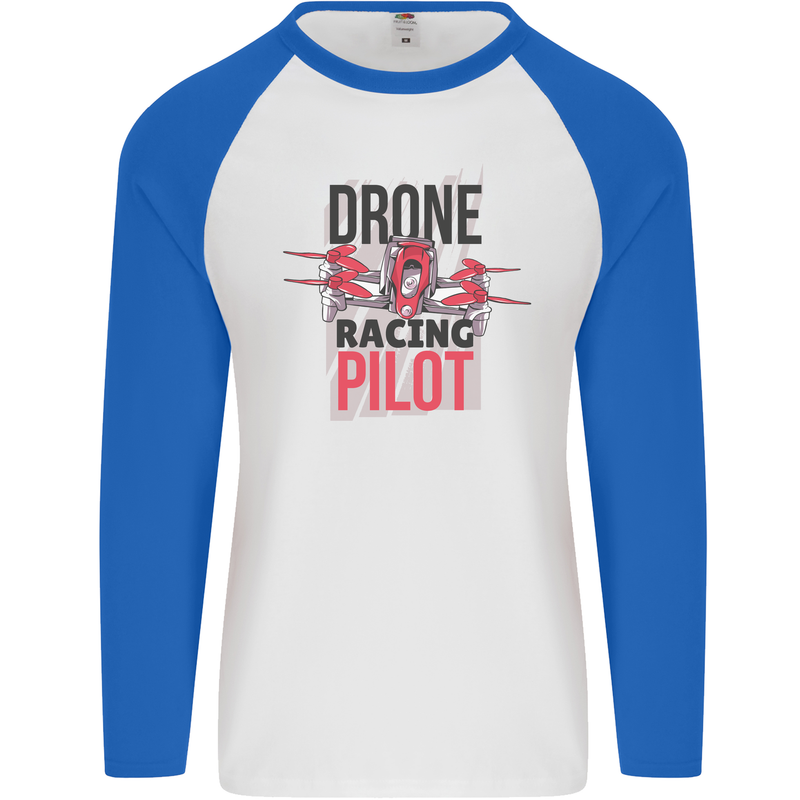 Drone Racing Pilot Mens L/S Baseball T-Shirt White/Royal Blue