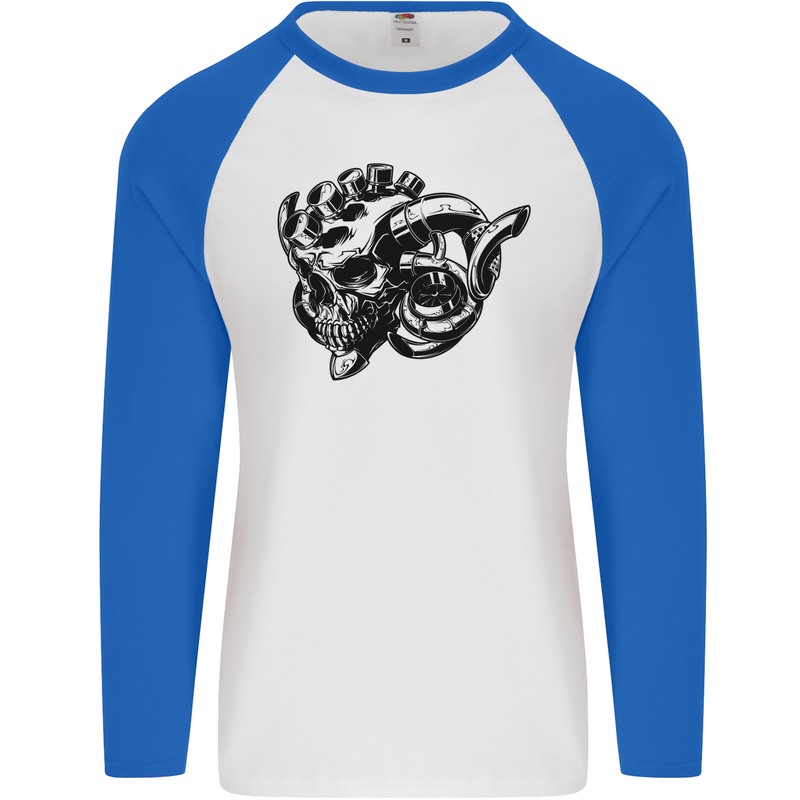 Turbo Skull Car Enthusiast Engine Drifting Mens L/S Baseball T-Shirt White/Royal Blue