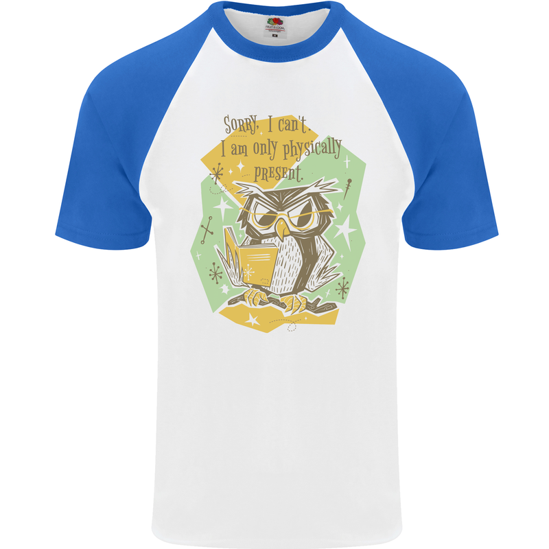 Funny Book Reading Owl Bookworm Books Mens S/S Baseball T-Shirt White/Royal Blue