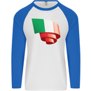 Curled Italy Flag Italians Day Football Mens L/S Baseball T-Shirt White/Royal Blue