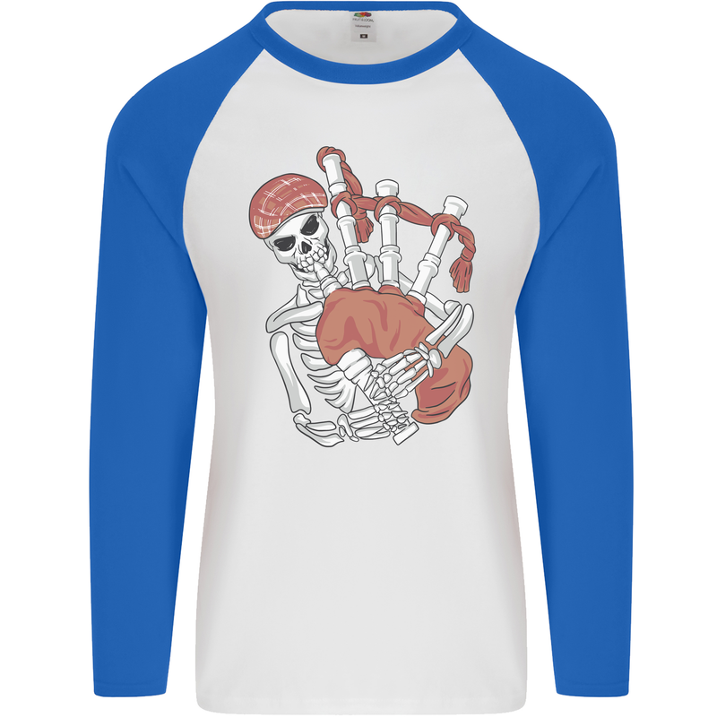 A Skeleton Playing the Bagpipes Mens L/S Baseball T-Shirt White/Royal Blue