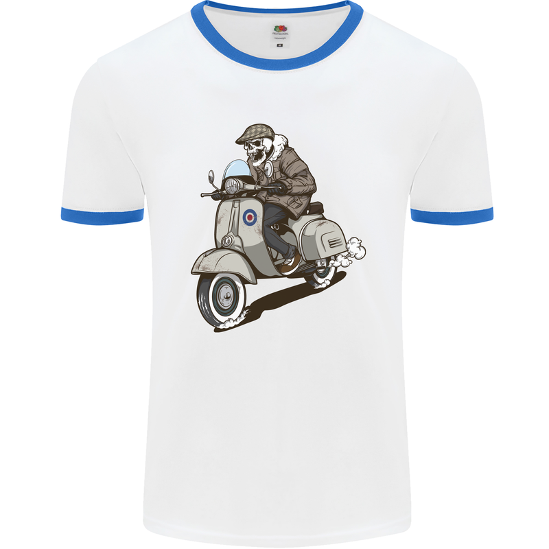 Scooter Skull Motorcycle Biker MOD Mens Ringer T-Shirt White/Royal Blue