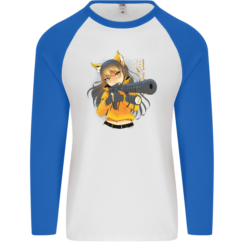 Anime Gun Girl Mens L/S Baseball T-Shirt White/Royal Blue