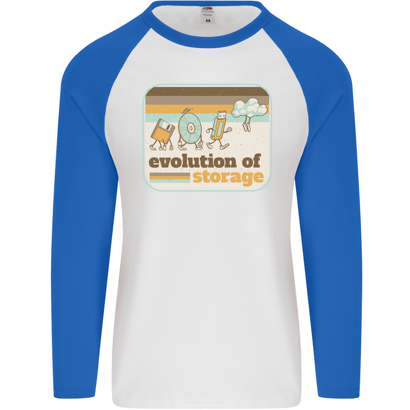 Storage Evolution Retro CD HD Drive USB Stick Mens L/S Baseball T-Shirt White/Royal Blue